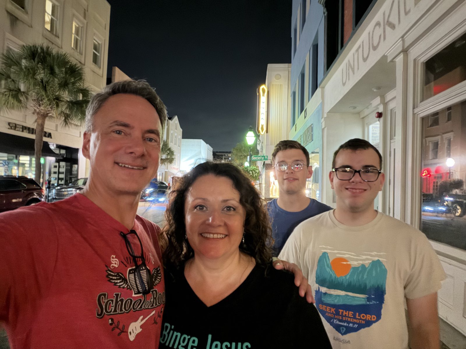 11:11pm on King Street, a few steps from our front door. The Riviera marquee is right behind the photographer — we'd get its picture later in the week.