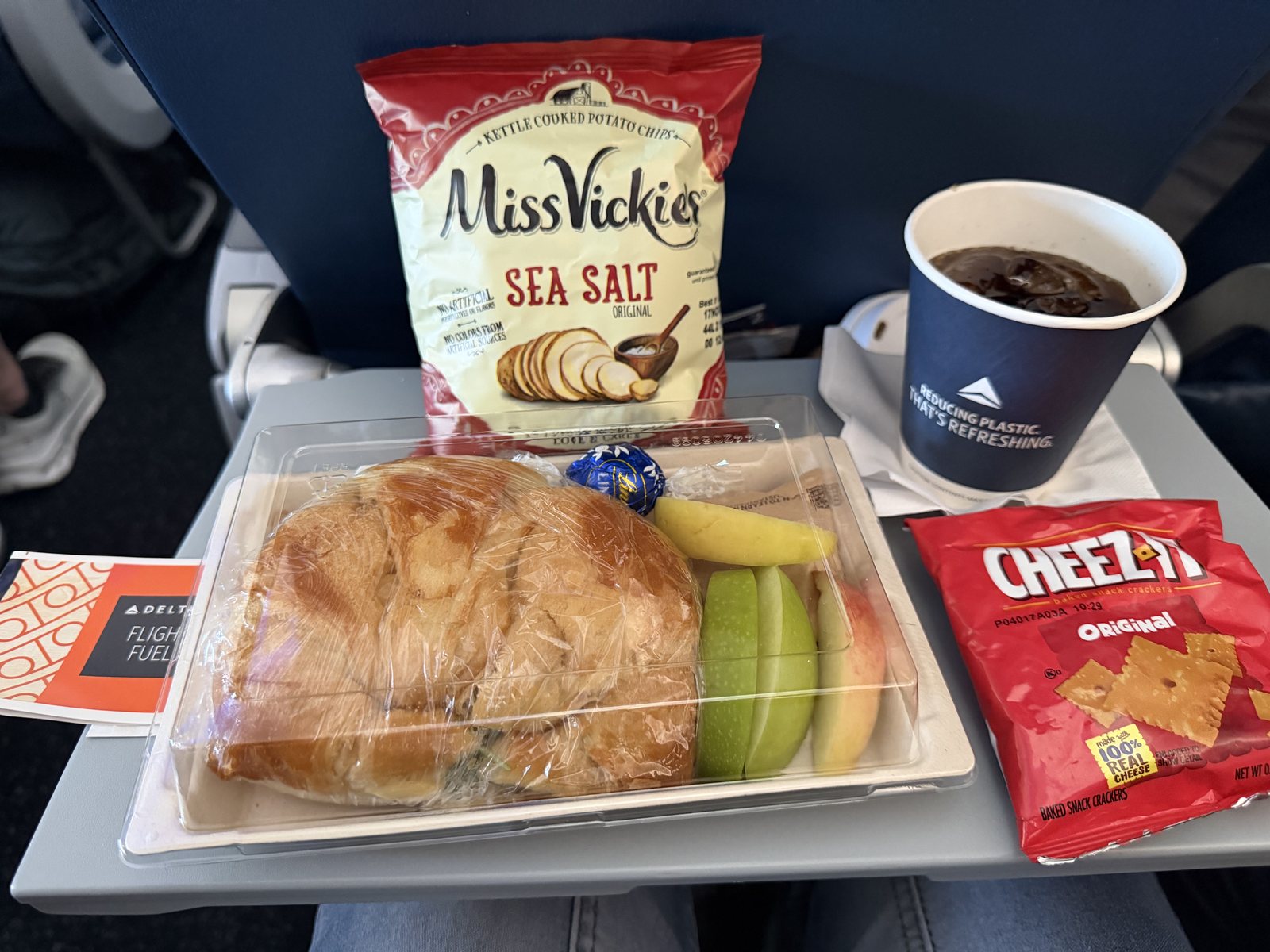 Mommy's snacks: a croissant sandwich, Miss Vickie's, Cheez-Its, and a Coke. Nobody complained.