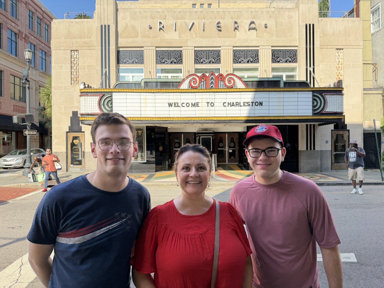 Back at the Riviera. Our apartment is in the building next door, up the stairs, just higher than the marquee.