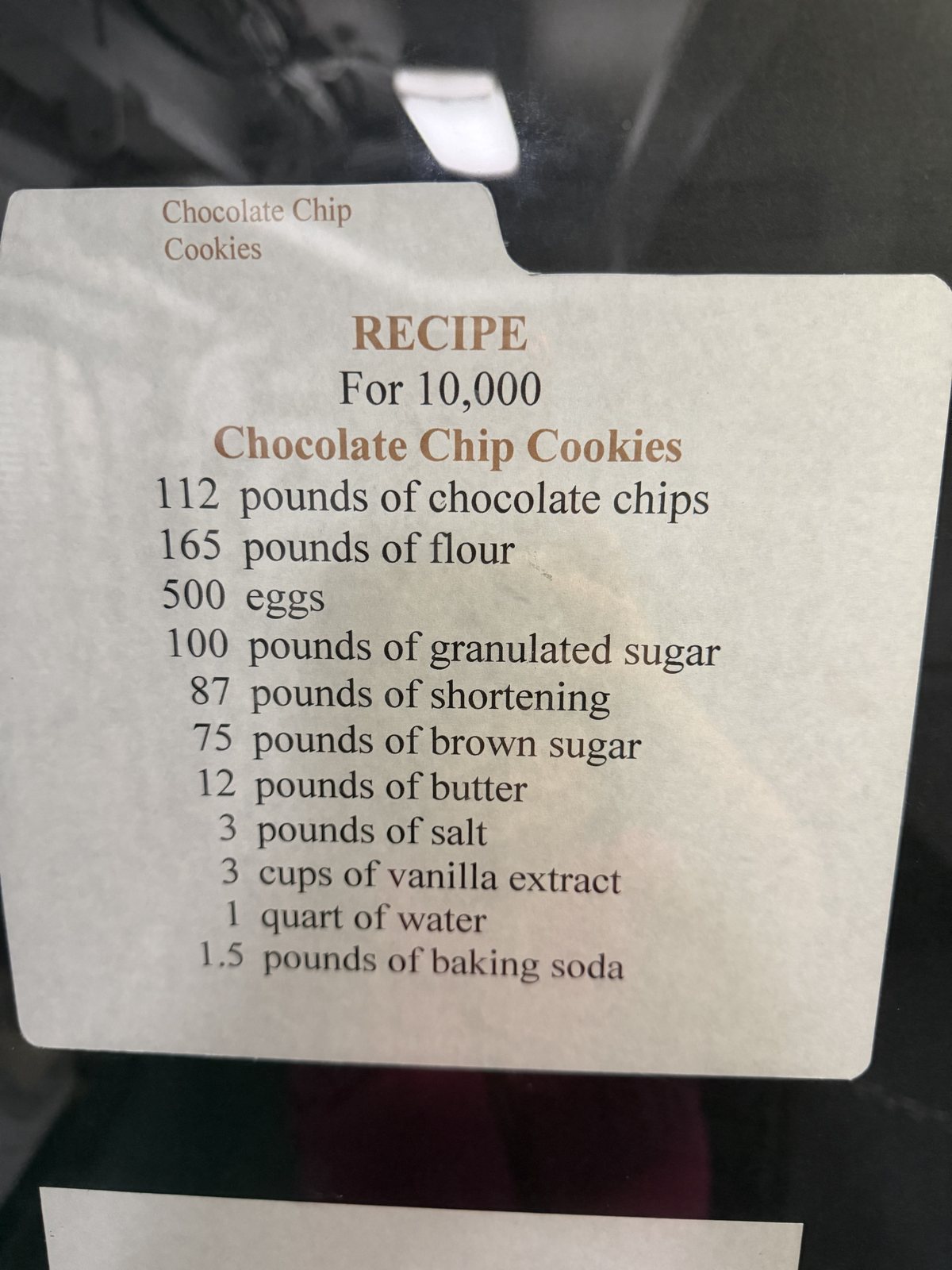 Chocolate chip cookies for 10,000. Start with 500 eggs.
