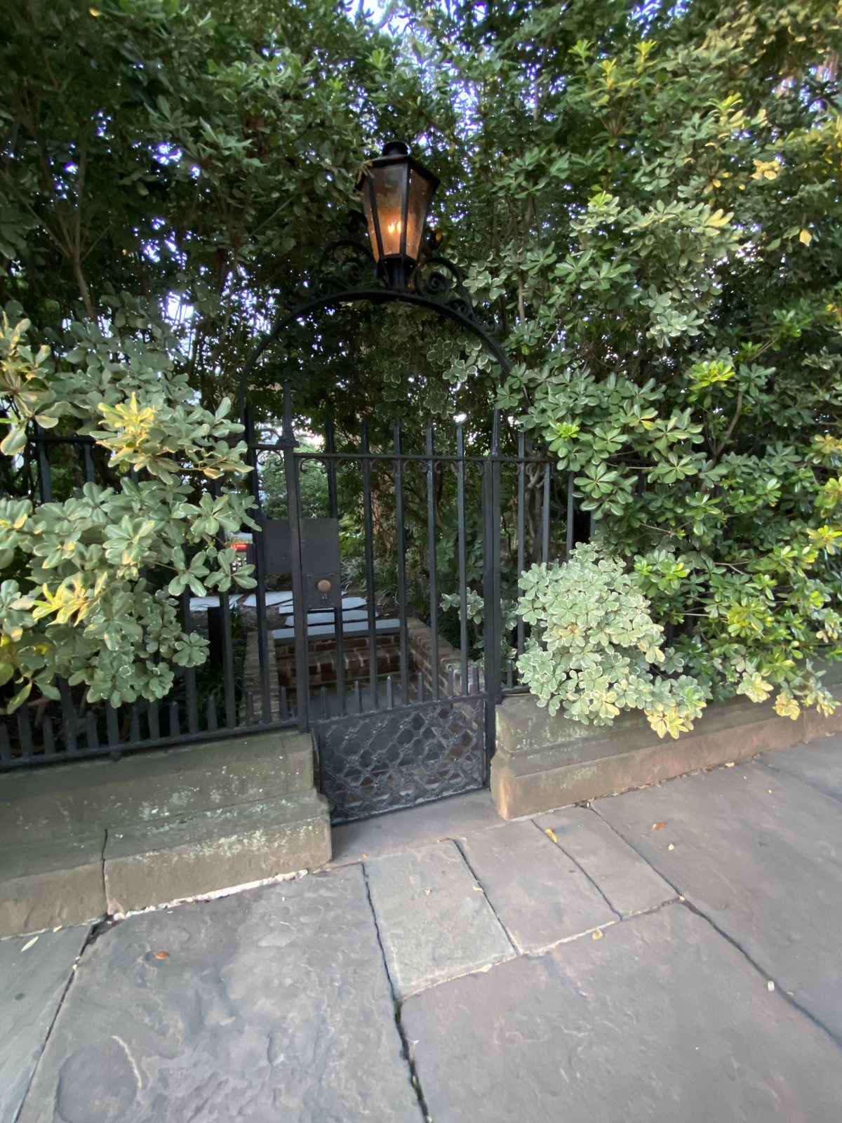 A gate, a lamp, and a garden we'll never be invited into.