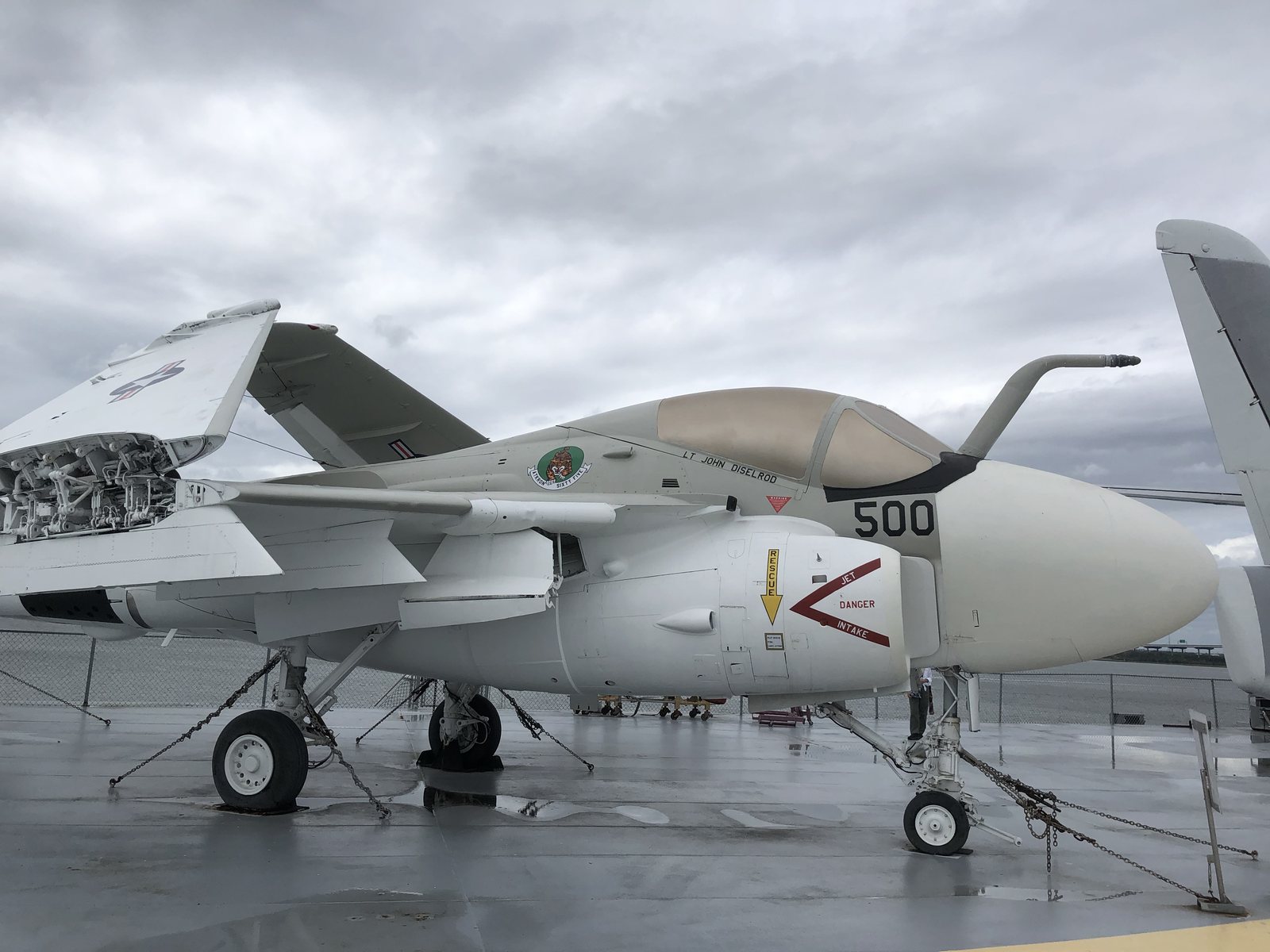 A-6 Intruder, number 500, nose to the harbor.
