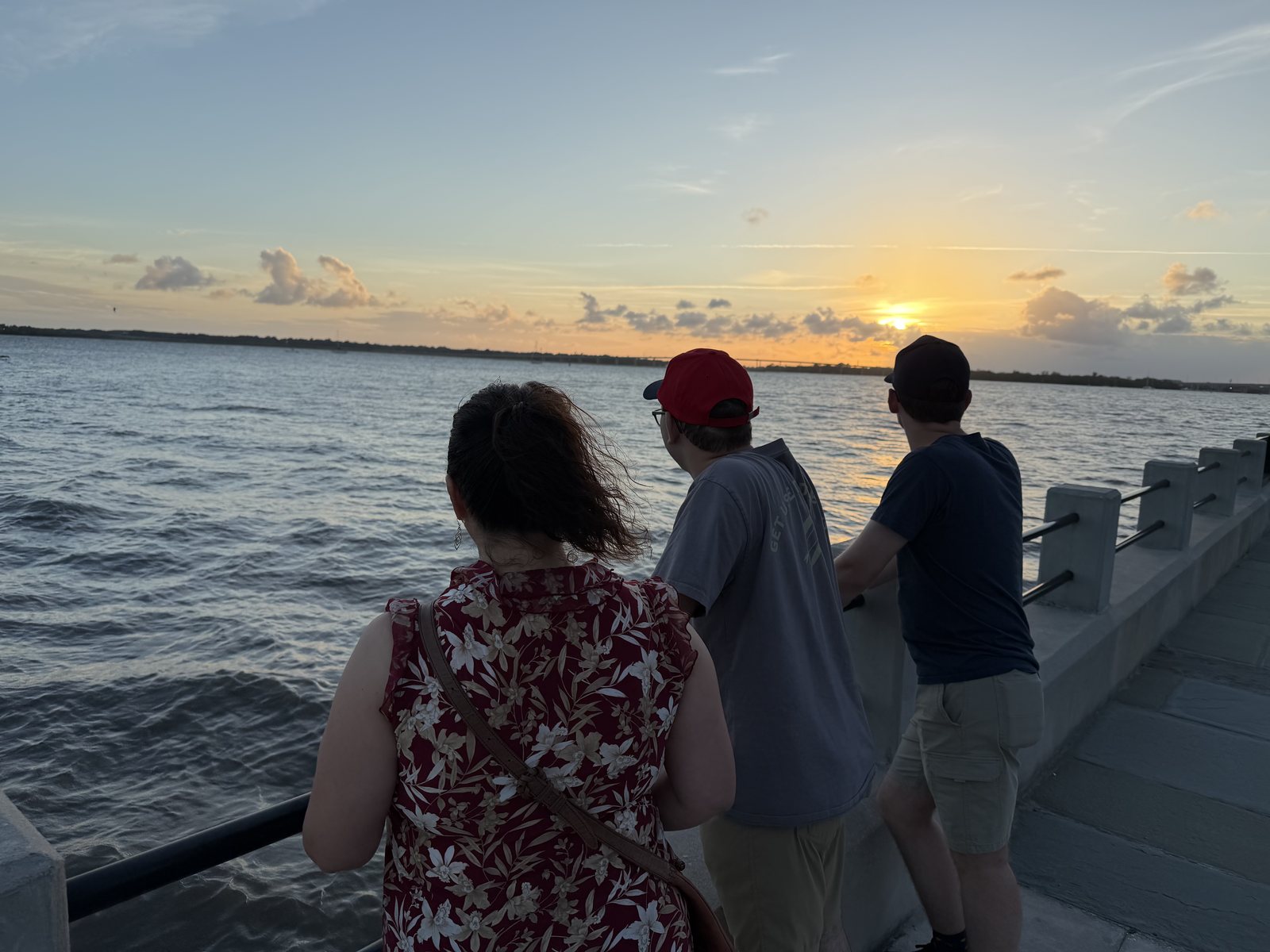Mommy and the boys on the seawall, dolphin-spotting at sunset number two. They're out there, just under the surface.