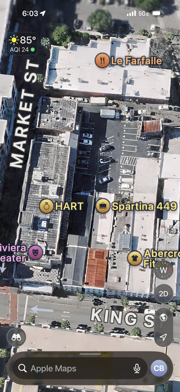 Where we stayed, from above: the building with the rusty-red roof, right at King and Market. We parked in the lot behind it. The Riviera is the building next door on the corner.