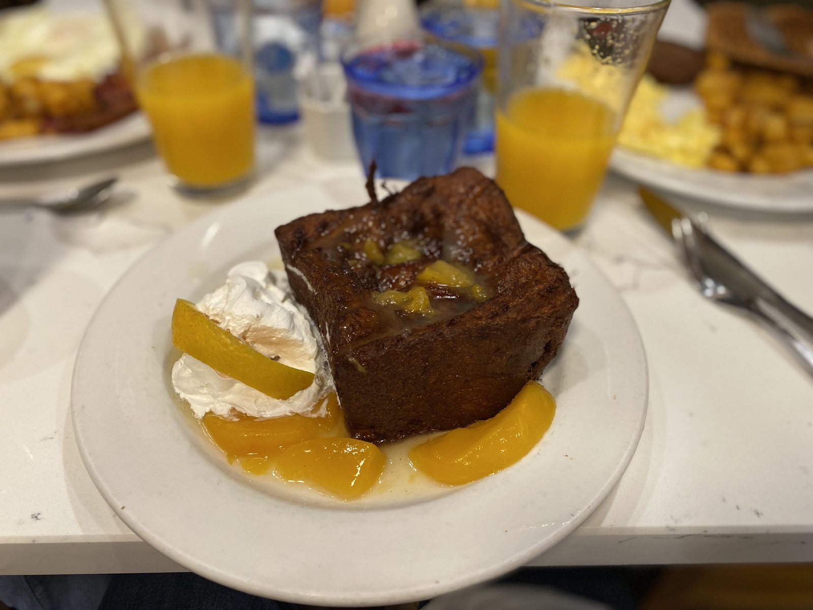 Liem's bread-pudding French toast with peaches.