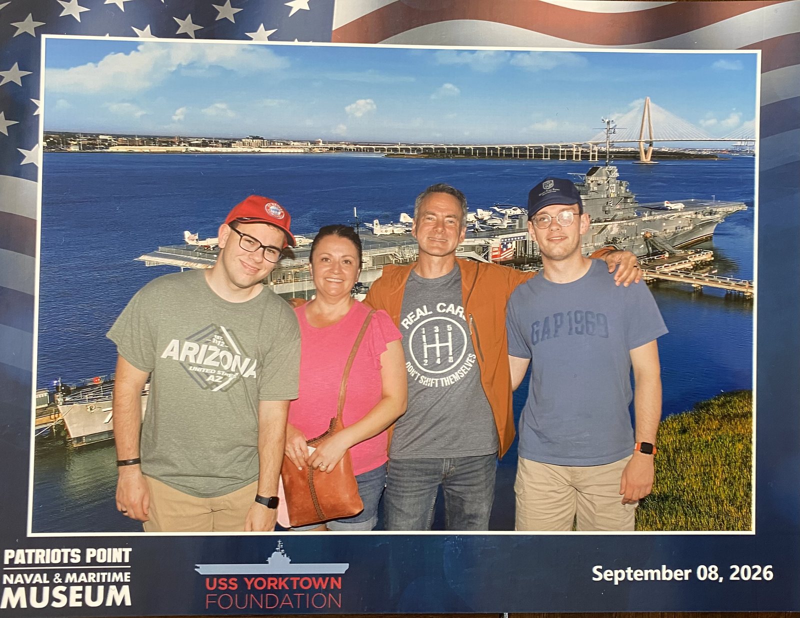 The official Patriots Point souvenir print, September 08, 2026 — blue skies and a Ravenel Bridge that the actual Tuesday never provided. Worth every penny.